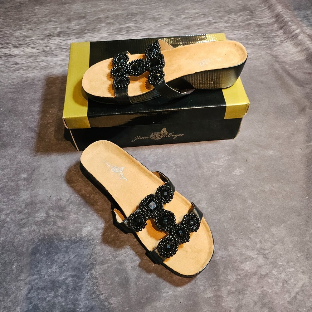 Joan Boyce Black Beaded WedgeSandal Slide OpenToe Double Strap Embellished SZ10W